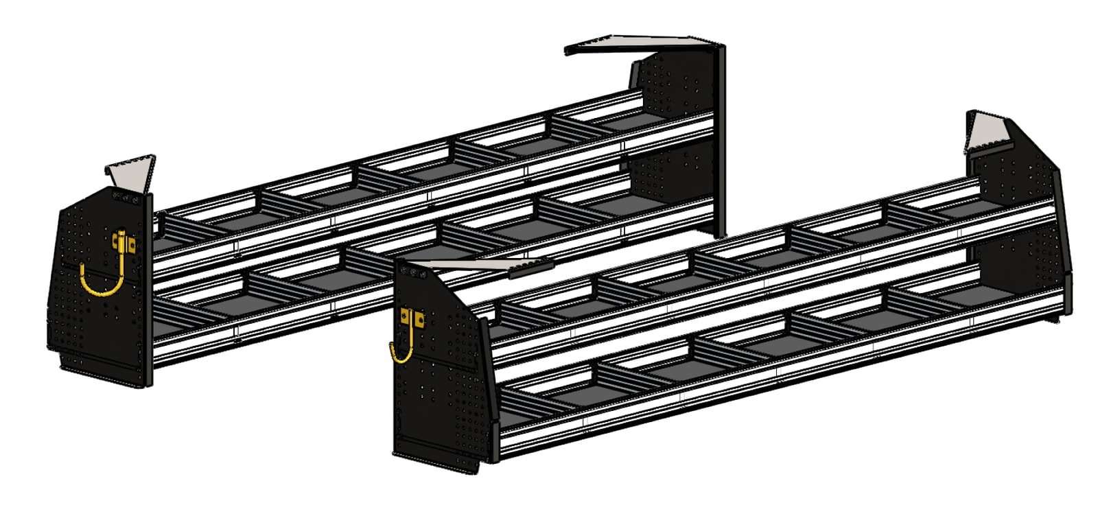 QSP for Contractors Ranger shelving solutions for the Compak service body - 2 strong shelves (15" and 10" deep) on each side and 2 hooks