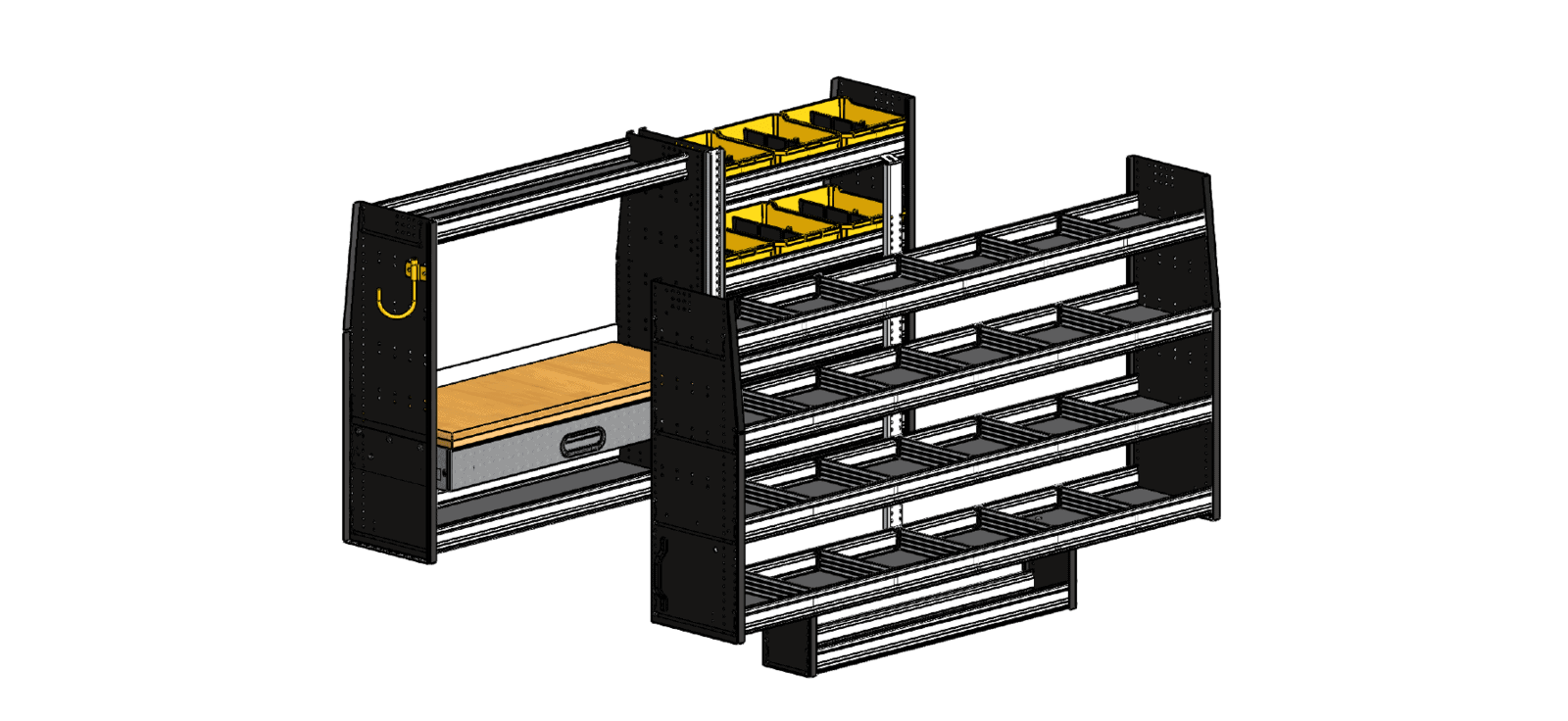 QSP WORKSTATION Ranger shelving solutions set with a workbench coupled with shelving, dividers, and bins the Diablo servoce body