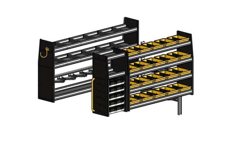 The QSP HVAC Ranger shelving solutions with 4 shelves, 4 bins & a parts keeper tower for the Diablo service body