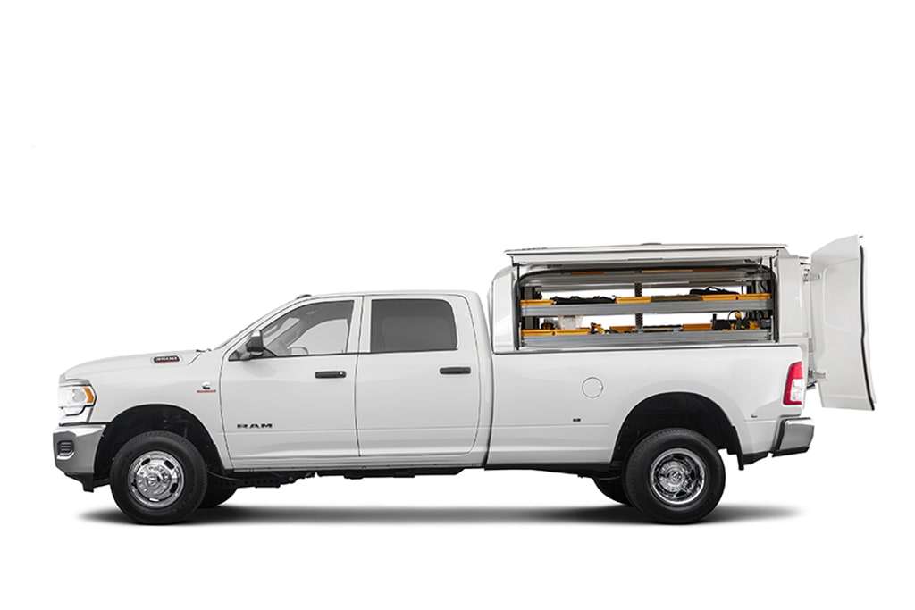 Spacekap's Compak fiberglass service body on a Dodge Ram pickup truck with all doors opened - medium